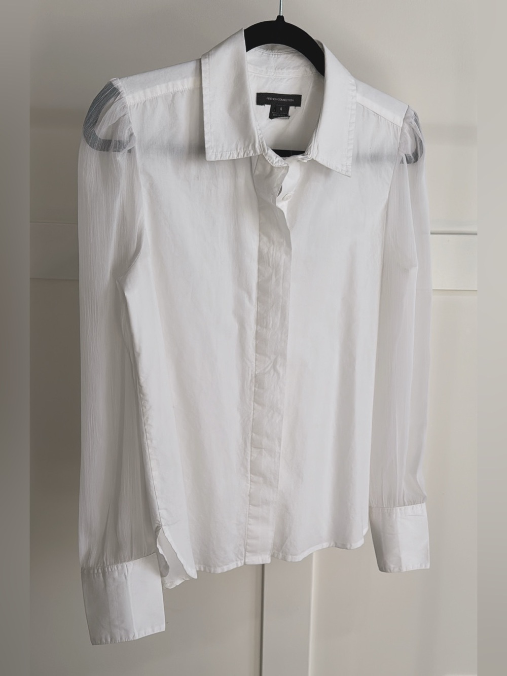 French Connection Sheer-Sleeve White Button-Down Shirt